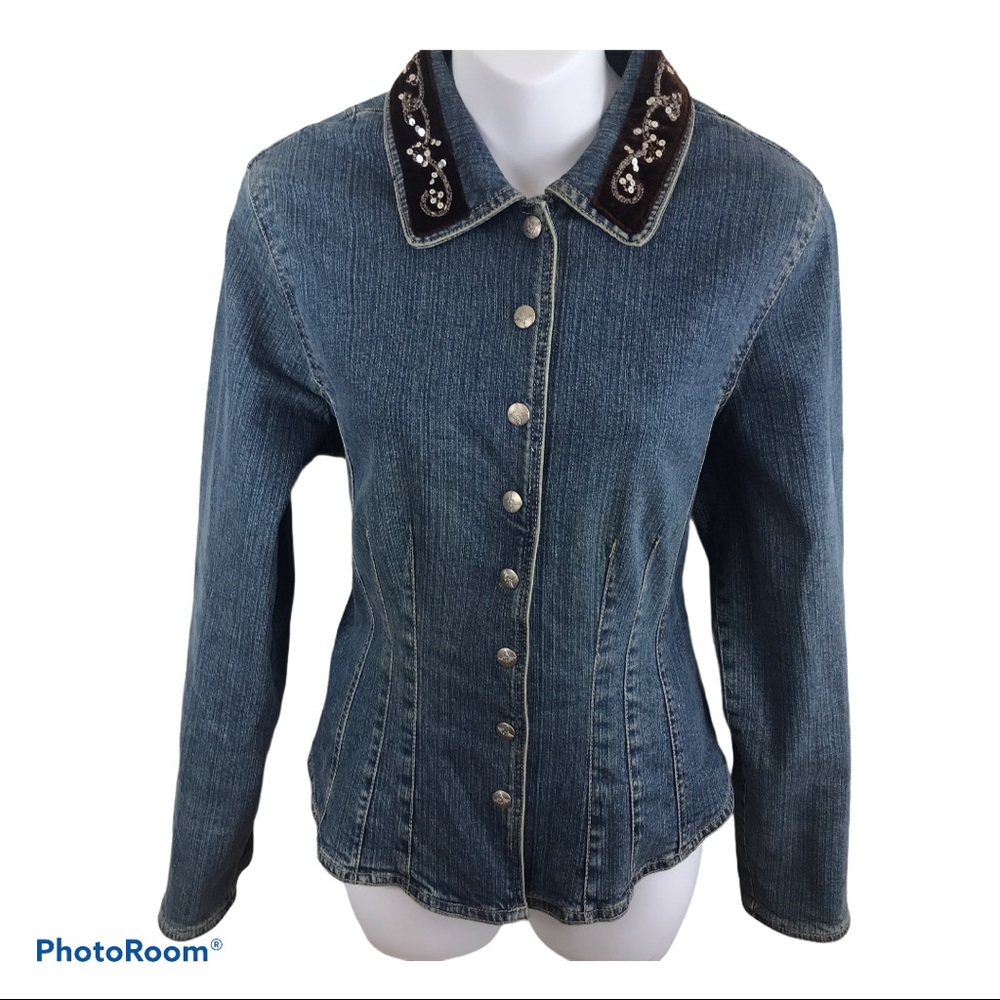 Western Embellished Jean Jacket Shirttail Hem Stretch L Top